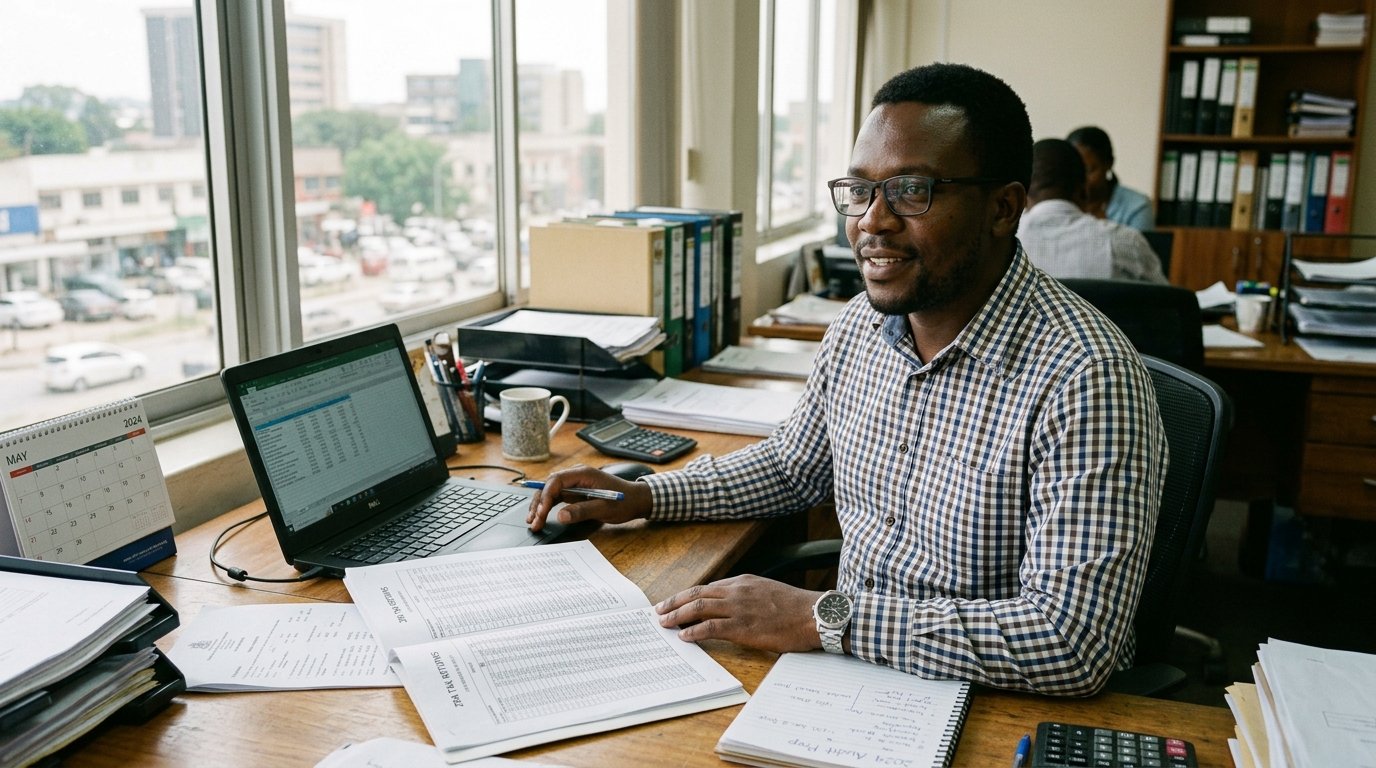 Kasanga Sichone, Chartered Accountant founder at his desk in Lusaka, Zambia