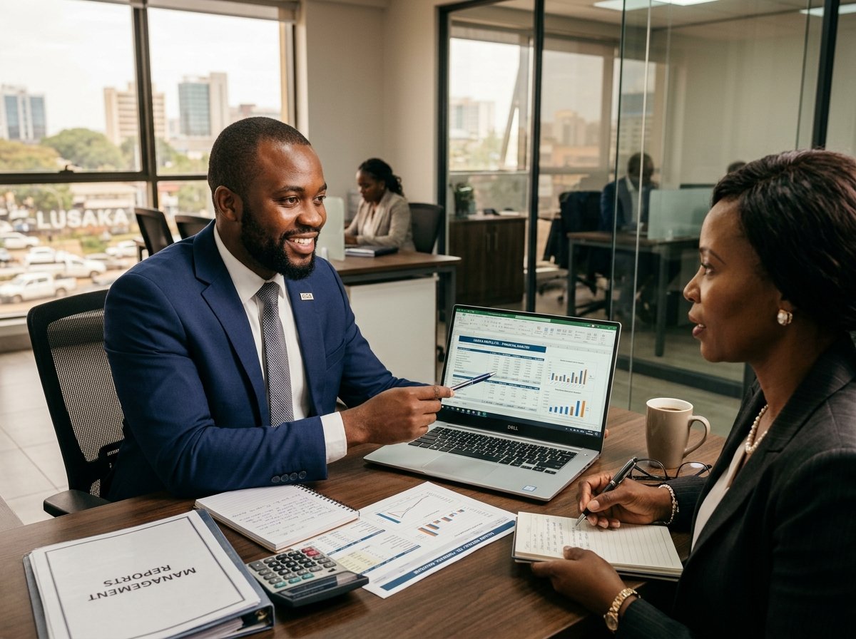 Zambian Chartered Accountant reviewing financial reports with an SME business owner in Lusaka